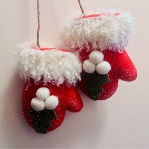 Red Felt Mitten Pair Ornament W/ Holly